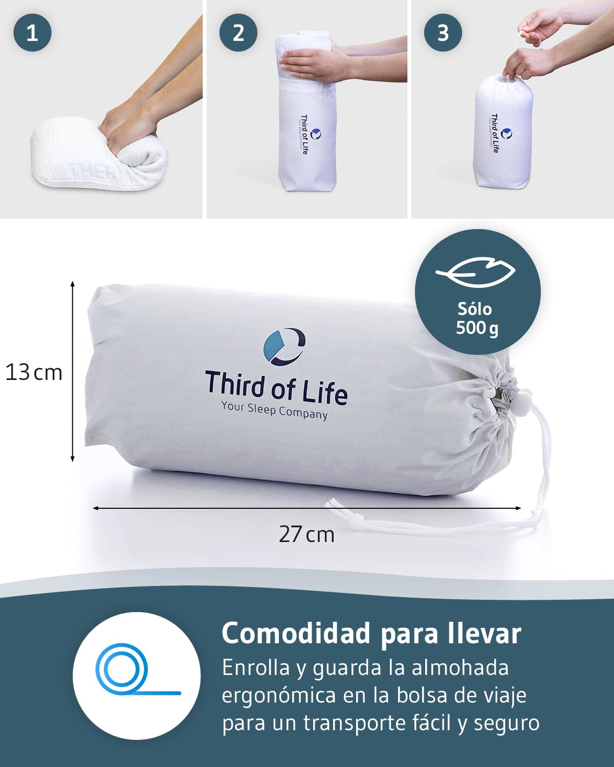 Third of Life Almohada Pequeña Viscoelástica Volar | Cojín Ergonómico | Funda con Termorregulación | Almohada de Viaje para Tren, Avión y Coche o para una Siesta en el Sofá de Casa | 40x25x10cm