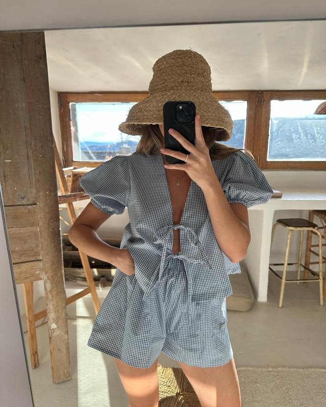 Image of Thopavenoir Women 2 Piece Casual Lounge Sets Y2k Puff Sleeve Peplum Shirt Tie Front Tee Shirt Shorts 2pcs Pajamas Sets (Blue #K8FE, S), Small