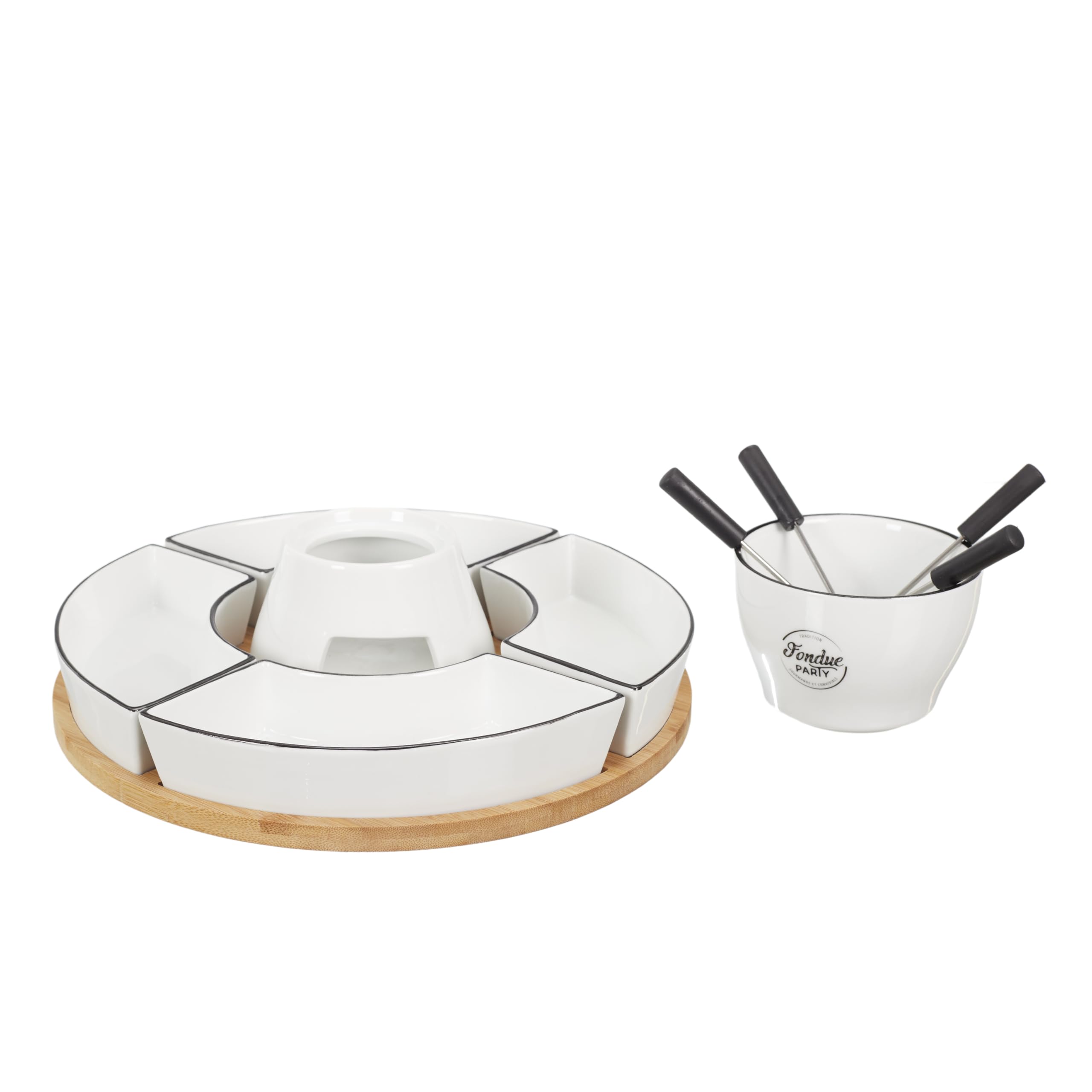 COOK CONCEPT - KA4602 Coffret à Fondue avec Support en Bambou et Coupelles - Conçu pour Repas Conviviaux - Dimensions 19 x 30 x 30 cm - Couleur Blanche