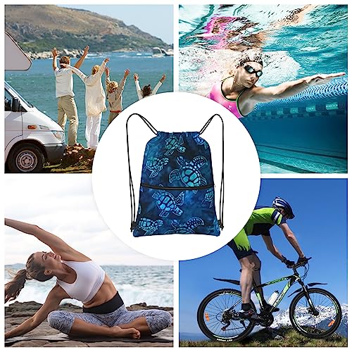 Image of Watercolor Blue Sea Turtle Drawstring Backpack Bag Sport Gym Sackpack Durable Waterproof Lightweight for Men Women Beach Bag String Bag