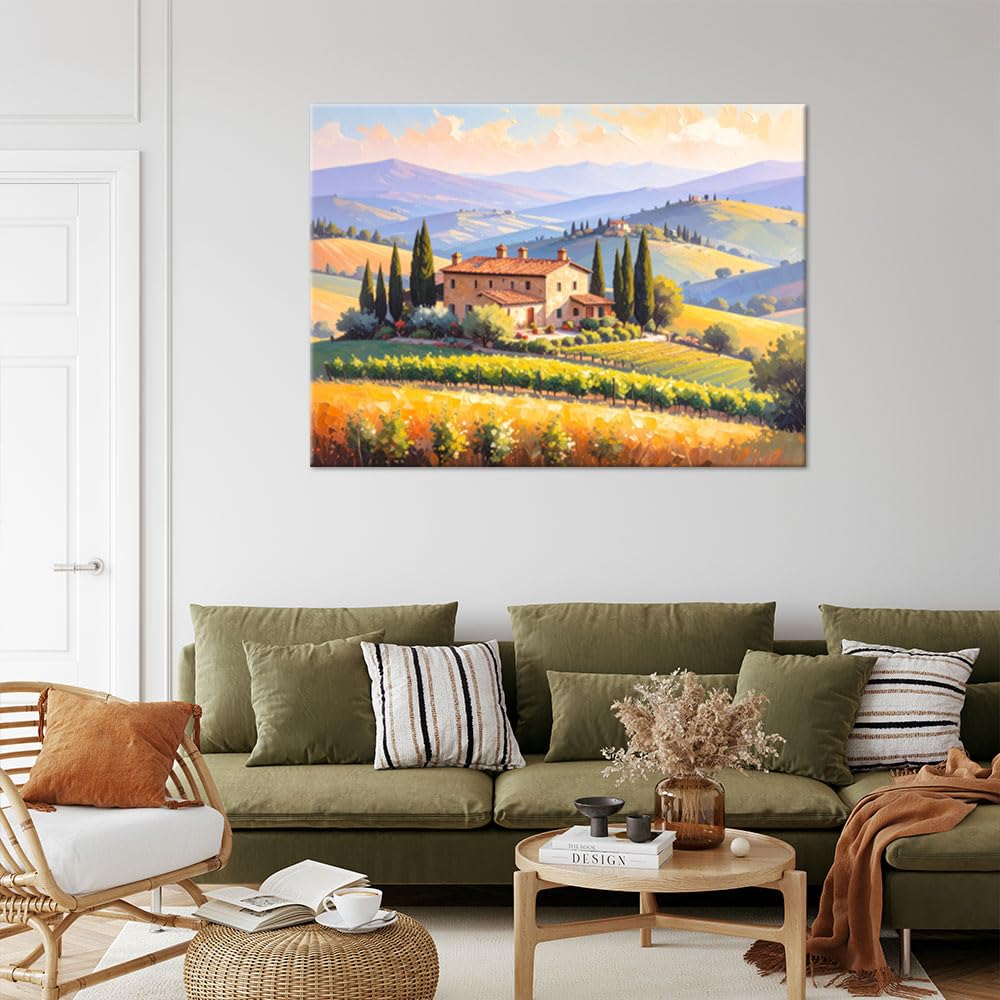 Feeby Quadri Camera Da Letto - Stampa su Tela - Quadro Moderno Soggiorno - Toscana Paesaggio Casa sulla collina - 60x40 cm - Decorazione Da Parete