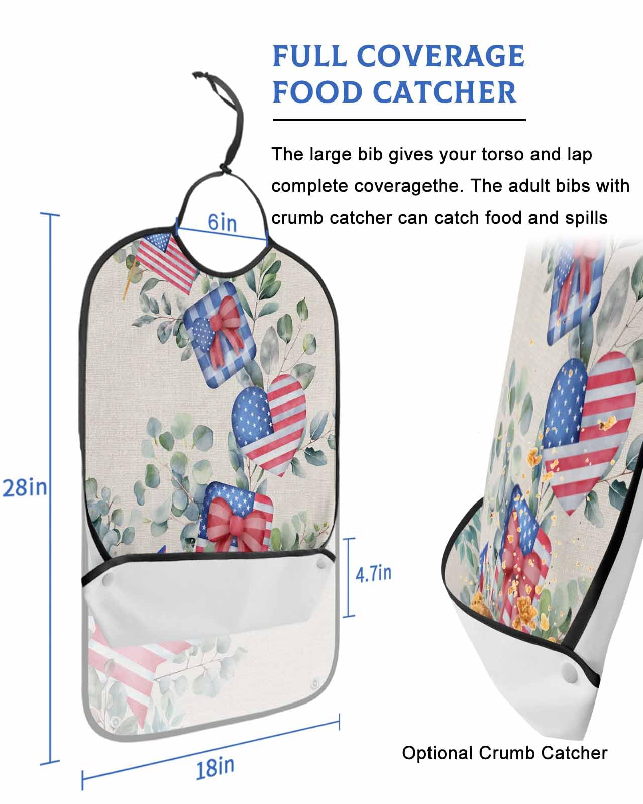4th Of July Adult Bib for Adults Men, Women, Green Eucalyptus Leaves Stripes Stars Washable & Adjustable Terry Cloth Bib with Crumb Catcher Reusable Waterproof Clothing Clothes Protector Apron