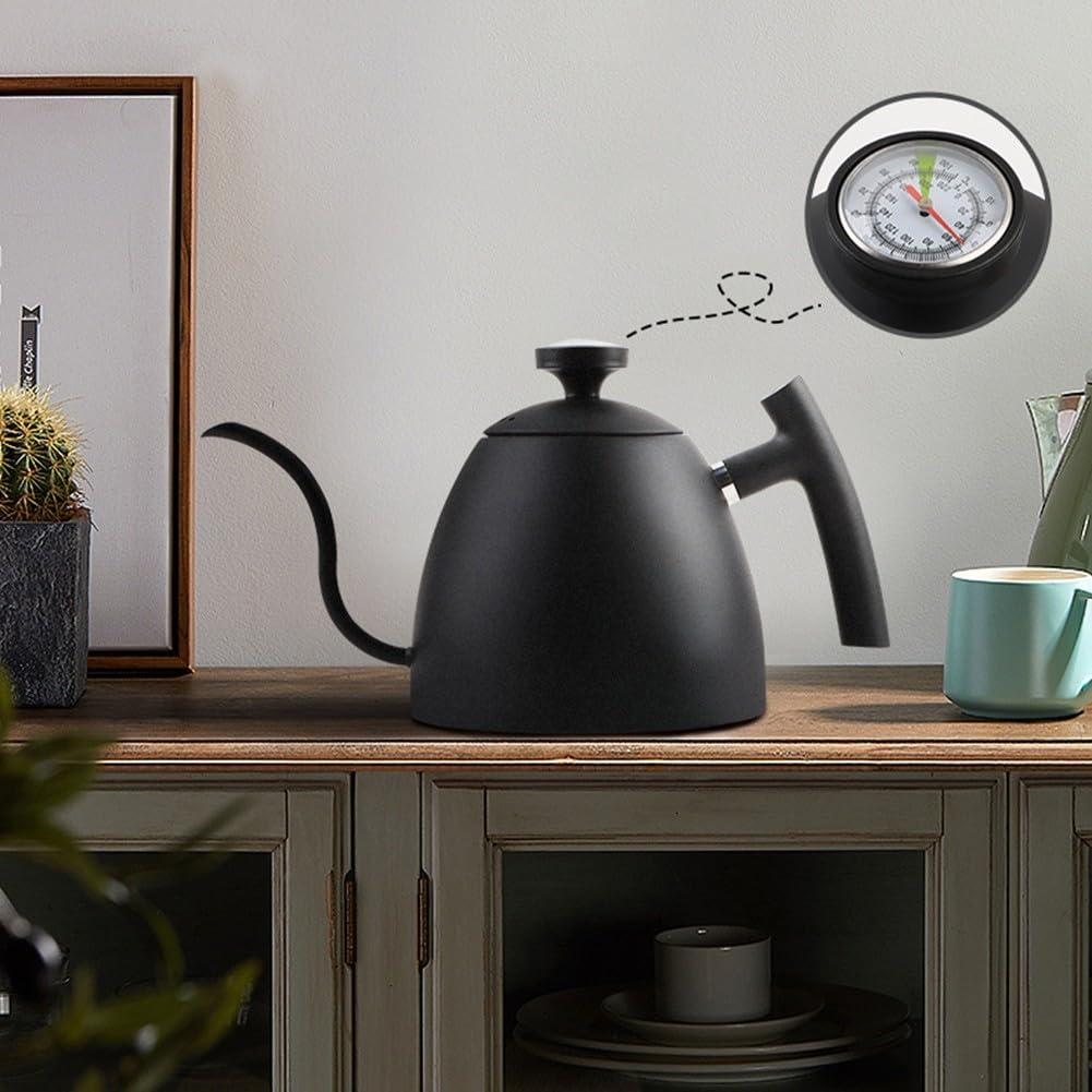 Hervidor de café Pourover de 1500 ml con boquilla de cuello de cisne, mango de madera, diseño de acero inoxidable para una salida de agua precisa y una preparación de café consistente (negro con