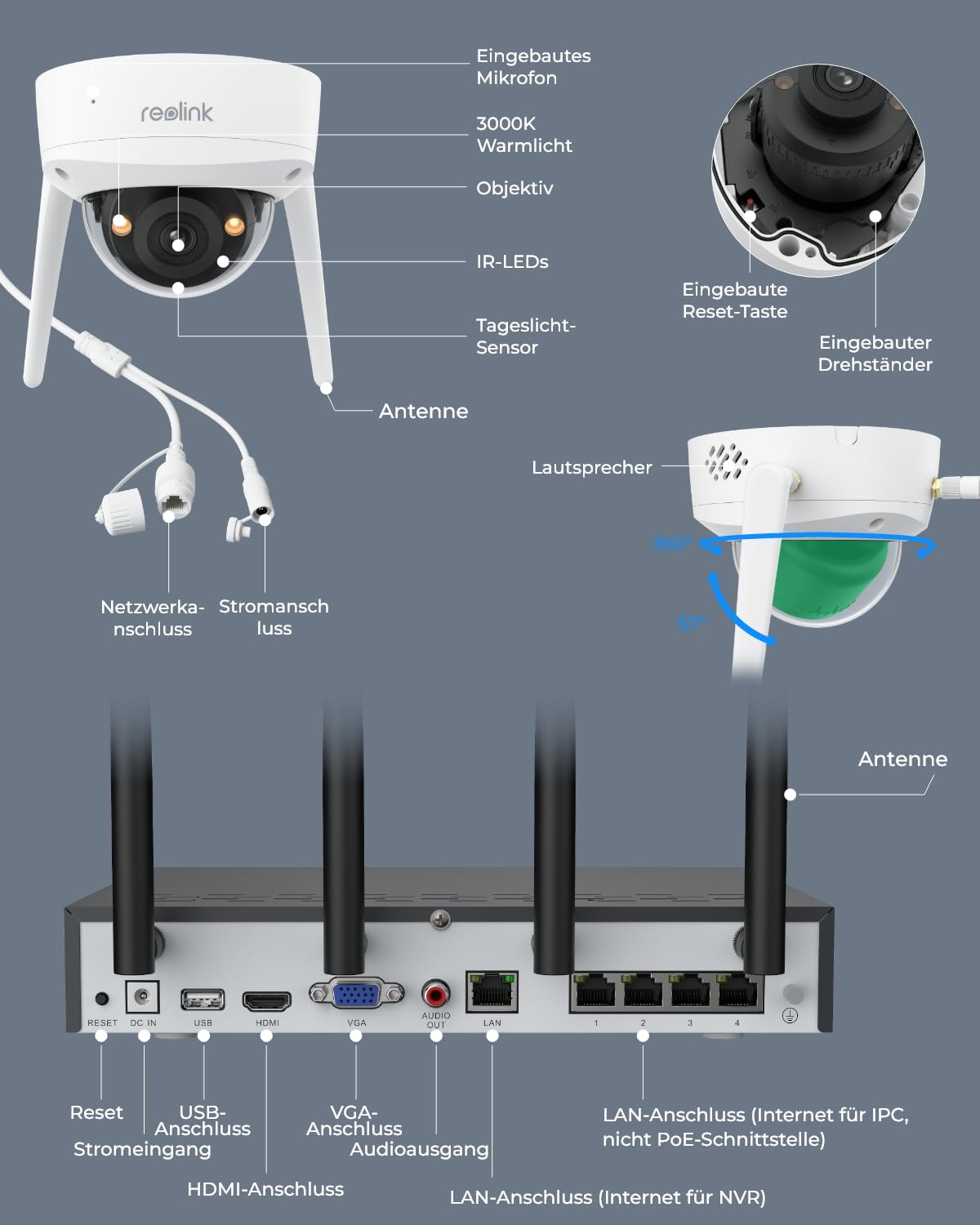 Reolink 4K Wi-Fi 6 Überwachungskamera Set mit IK10 Vandalismusschutz, Farbnachtsicht, 12CH NVR mit 2TB HDD, Personen-/Fahrzeug-/Tiererkennung, 2-Wege-Audio, IP67 wetterfeste WLAN-Kameras, RLK12-800WV4