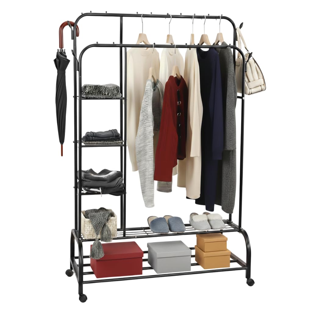 THUNDER GROUP Heavy Duty Clothes Rail for Bedroom-Metal Rack for Bedroom storage-Clothes Hanging Rail free standing with Tyres-Clothing Rails Heavy duty Clothing Rack for Cloth