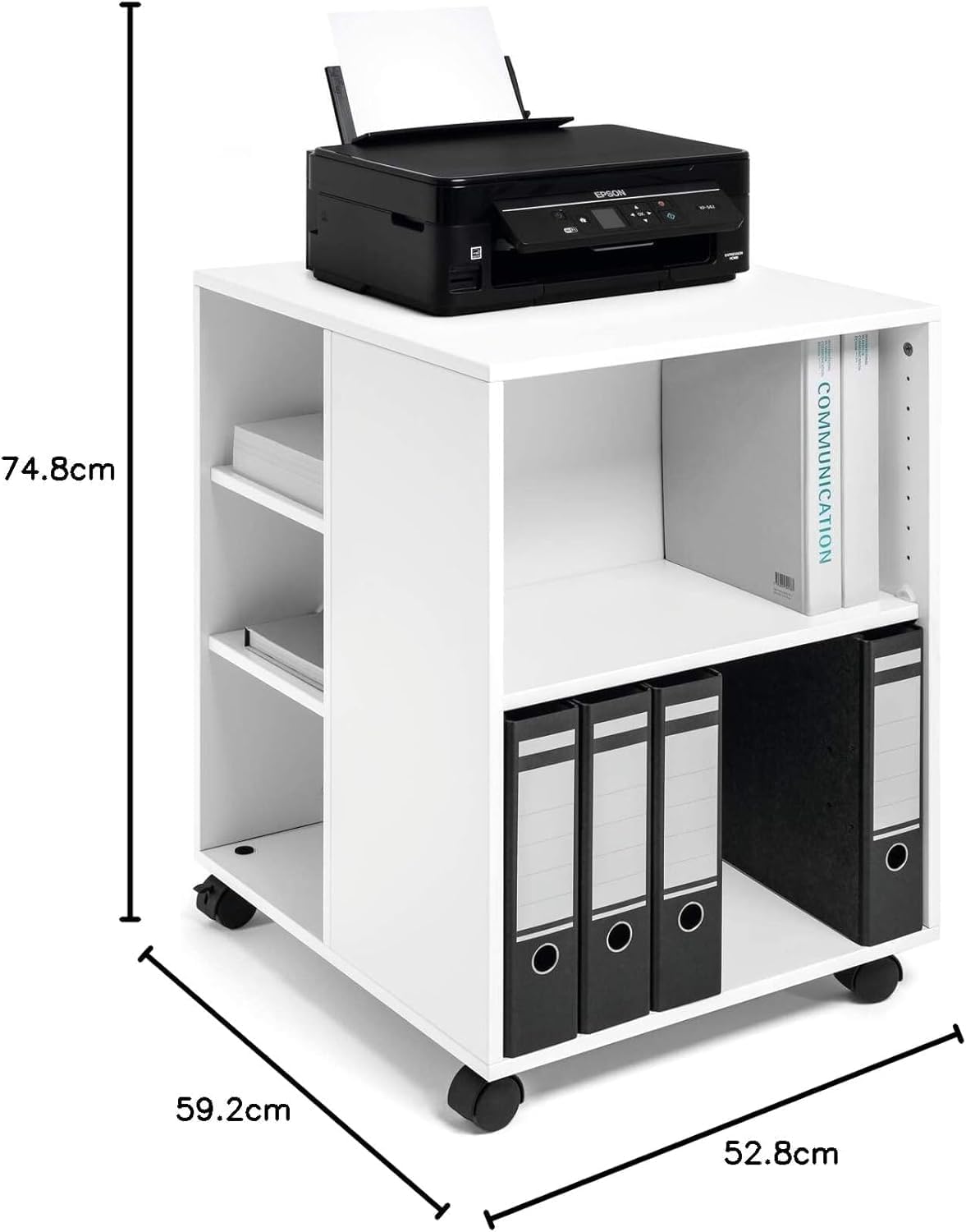 Durable Multi-Functional Trolley - 3 Tier White Rolling Cart Storage Organizer - Made of Strong Melamine - Perfect for Storing Documents, Folders, and More. in an Office Environment