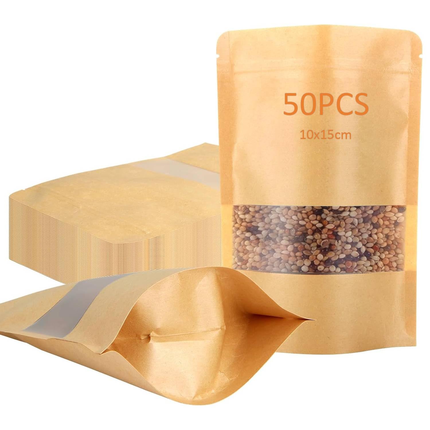 50 Pcs Paper Bags for Food,Ziploc bags,Paper Food Bags, 10x15cm Kraft Stand Up Pouches with Zip Lock Tear Notch and Transparent Window