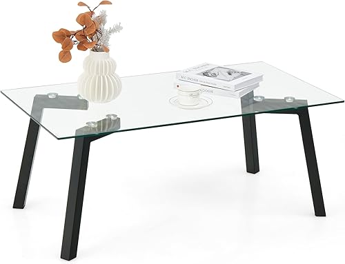 Miniatura 3 de Tangkula Mesa auxiliar de vidrio templado mesa central moderna con marco de metal resistente mesa de cóctel rectangular minimalista mesa de acento