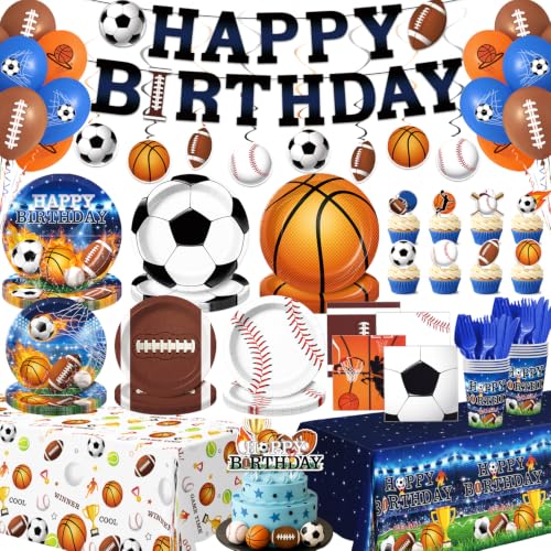244 Pcs Sports Birthday Party Decorations - Serve 30 All in One Football Basketball Baseball Soccer Party Supplies Kit with Banner Plates Napkins Balloons Tableware for Boys Sports Themed Party
