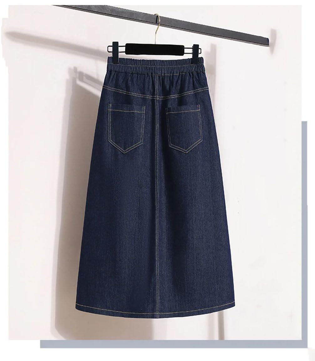 Damen-Jeansrock, Patchwork, Stretch, hohe Taille, Knöpfe, A-Linie, locker, lässig, klassisch, wadenlang