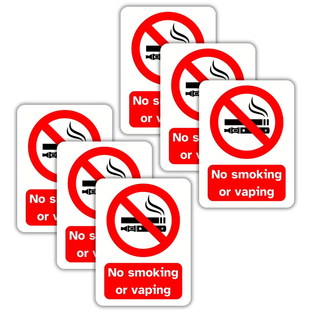 No Smoking or Vaping Vinyl Signs, 75mm x 100mm, Self-Adhesive Stickers, Waterproof, Indoor/Outdoor Use, Safety Warning Sign, C&J Goods (No smoking and vaping, 6 Pack)