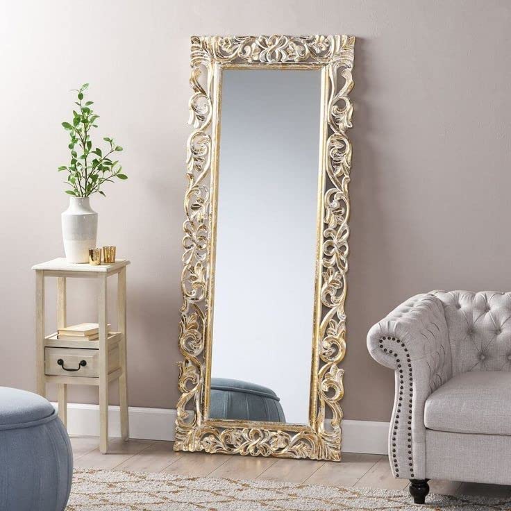 Image of Wood encoitry Wooden Hand Carved Decorative Vertical or Horizontal Hanging Rectangular Wall Mount Mirror Fram White Gold (24 x 60) Only Frame with Out Mirror
