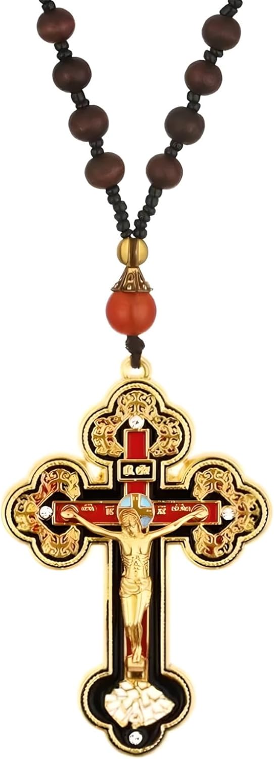 18K Yellow Gold Orthodox Prayer Rope Necklace, Crucifix Jesus Cross Pendant Necklace, Wooden Rosary Beaded Chain Necklace for Men Women Christian Religious Prayer Jewelry Bracelet anglican prayer beads, greek worry beads chotki komboskini