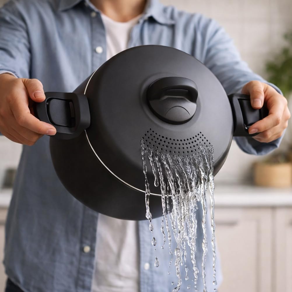 BAKAJI Olla Scolì de 22 cm con colador integrado y asas móviles y ergonómicas, olla antiadherente de aluminio con asas de bloqueo, segura y práctica, ideal para pasta, espaguetis