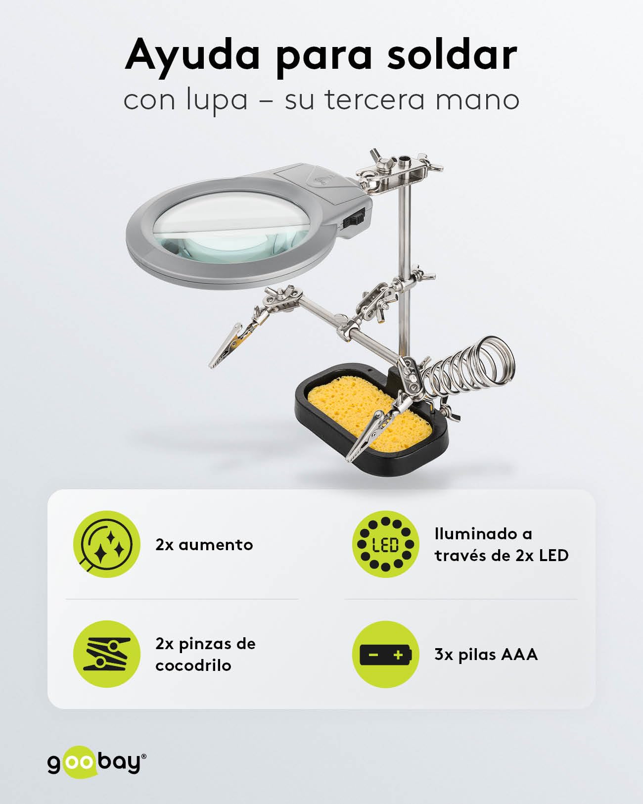 goobay tercera mano con lupa y soporte para soldador, la ayuda ideal para todos los trabajos de soldadura filigrana, soporte multifunción para electrónica, 51226