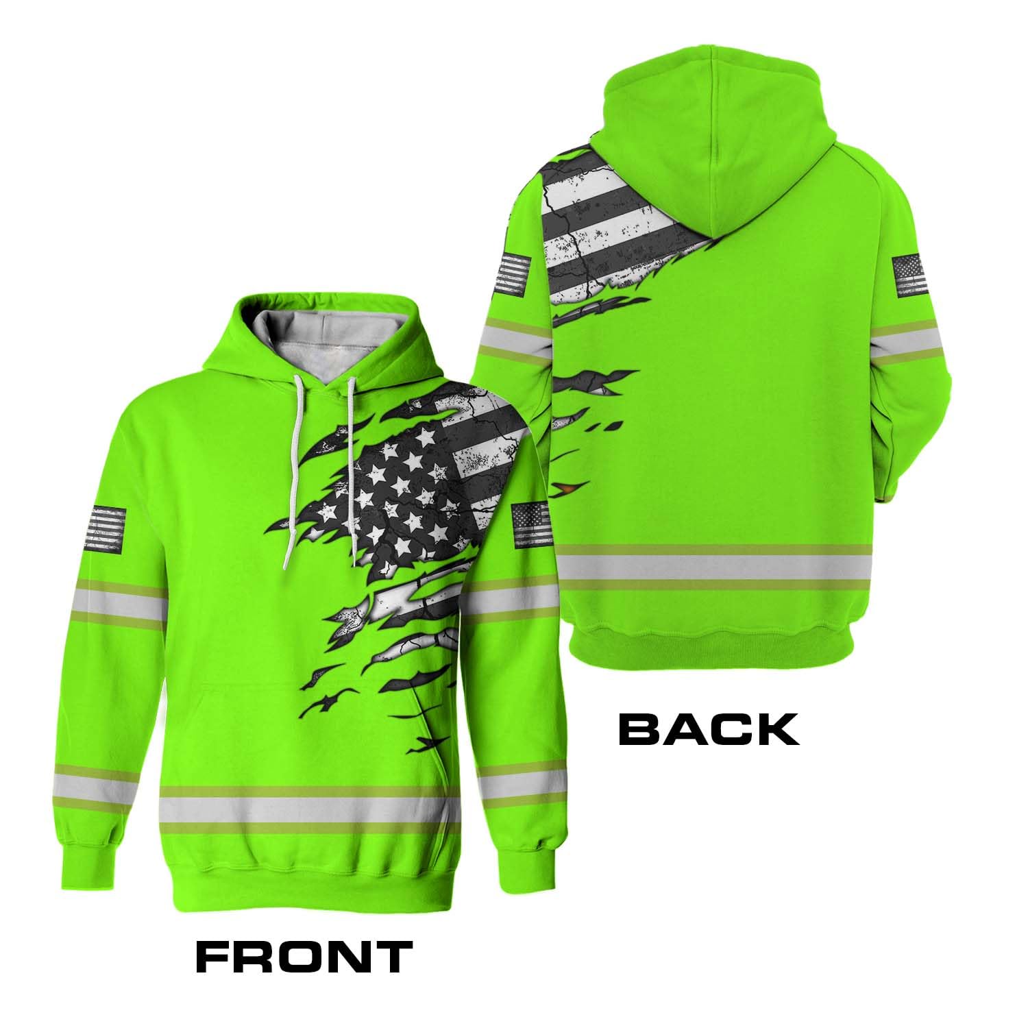 HiVis Custom Safety Hoodie - Scratch Green Neon USA Flag Reflective High Visibility for Men - Hi Vis Construction Workwear for Runners, Walkers, Trucker, Operator, Patriotic-S