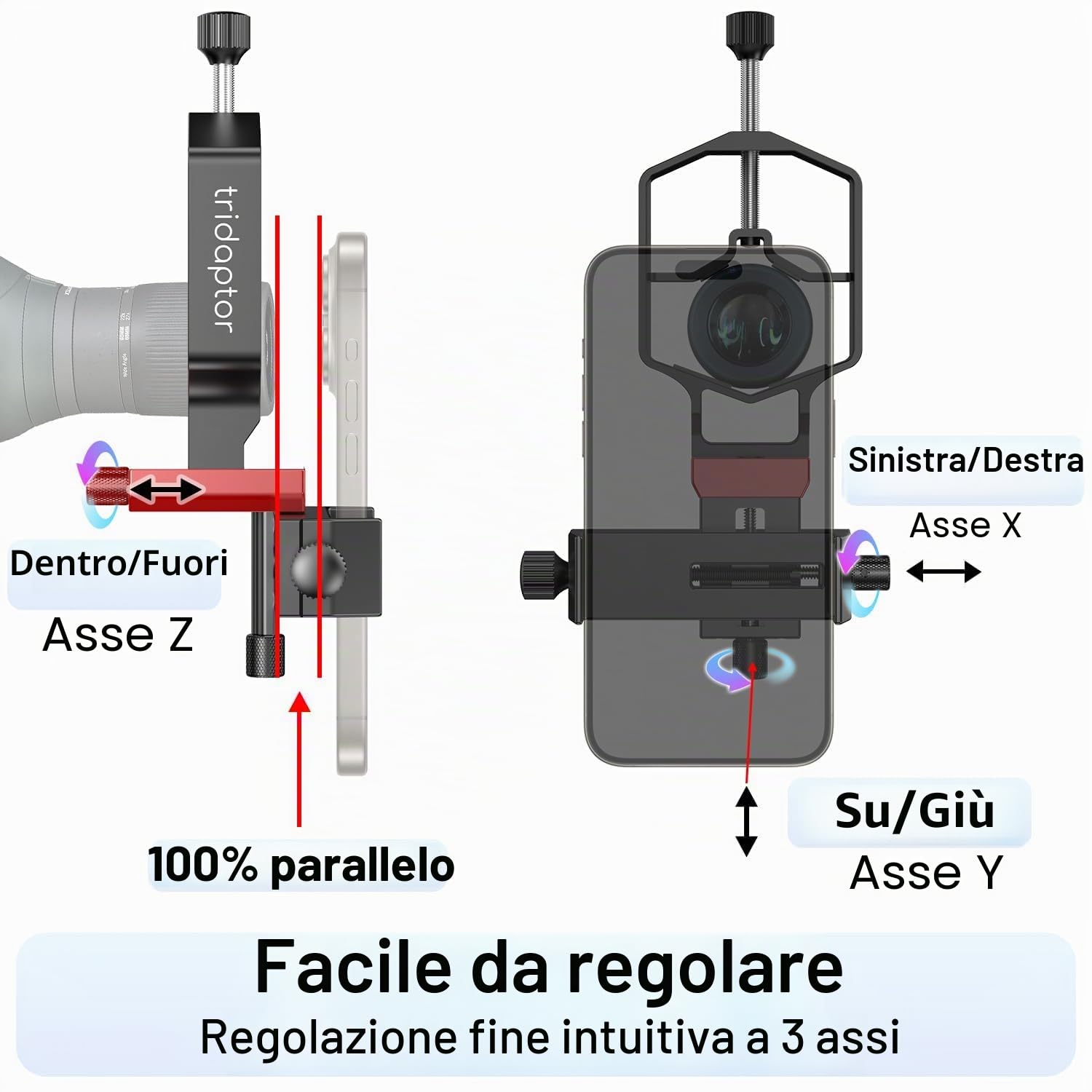 Adattatore per telefono telescopico ad alta precisione a 3 assi, adattatore digiscoping per smartphone, supporto in metallo per mirino, microscopio binoculare binoculare, adatto a tutte le fotocamere