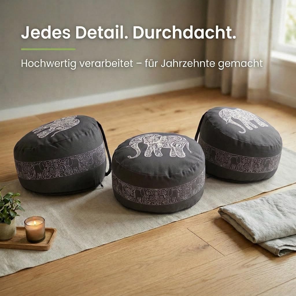 Ergo - Cuscino ergonomico da meditazione, cuscino rotondo per yoga e yoga, cuscino rotondo da pavimento, Zafu con gusci di grano saraceno, cuscino da meditazione, elefante, antracite