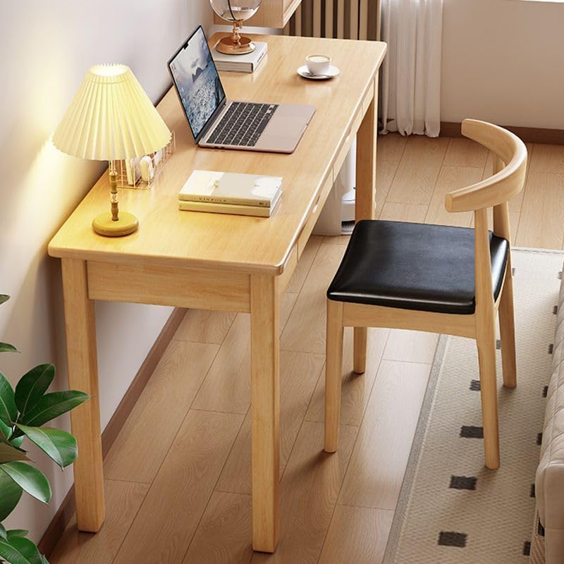 Writing Desk Chair Set, Rubberwood Office Chair with Drawers, Computer Desk Study Table Work Table Chair Set for Home Office Study, (Natural Finish, Desk & Chair, 55" L x 18" W x 29.5" H)