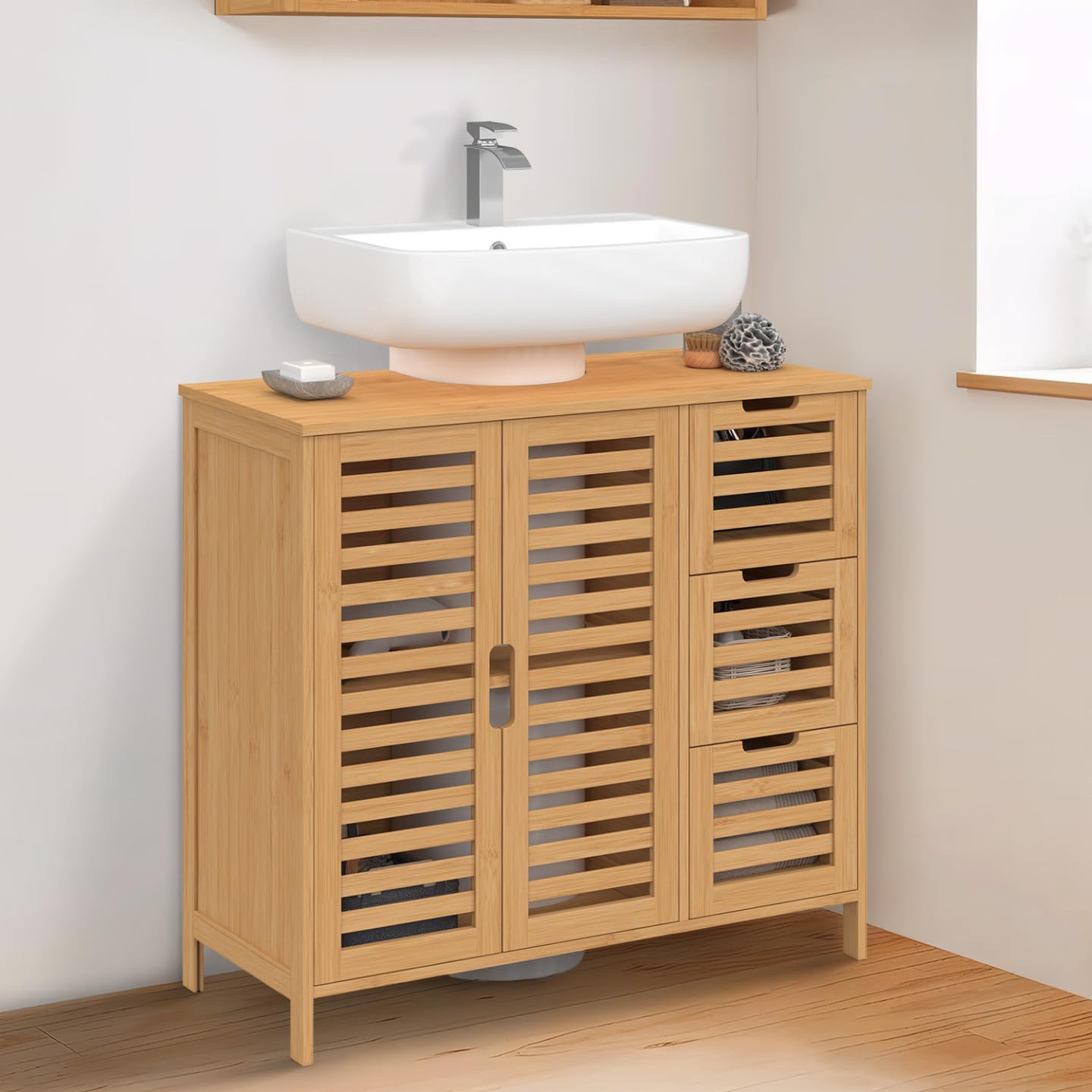 IDMarket - Meuble sous lavabo Salle de Bain Bambou BEA avec Placard et 3 tiroirs