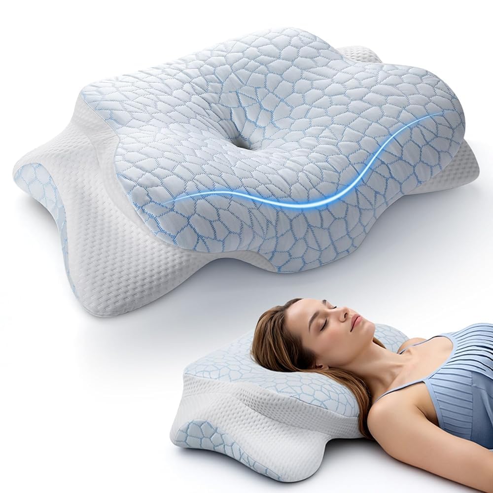 JINXIA Cervical Neck Pillow for Neck and Shoulder Odorless Memory Foam Pillow with Soft Silk Cover Ergonomic Orthopedic