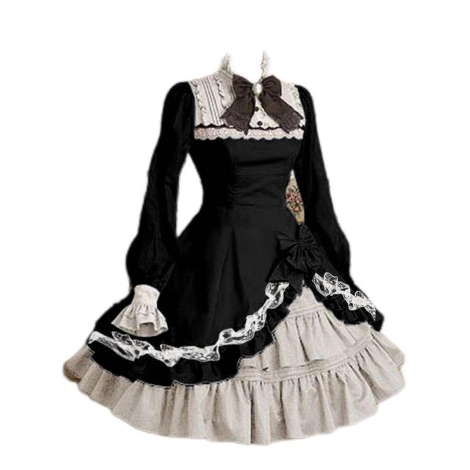 Okgd Women's Black Japanese Style Gothic Cosplay Dresses High Waist Contrast-Color Ruffled Sweet Lolita Dress Kawaii Clothing-,Xl