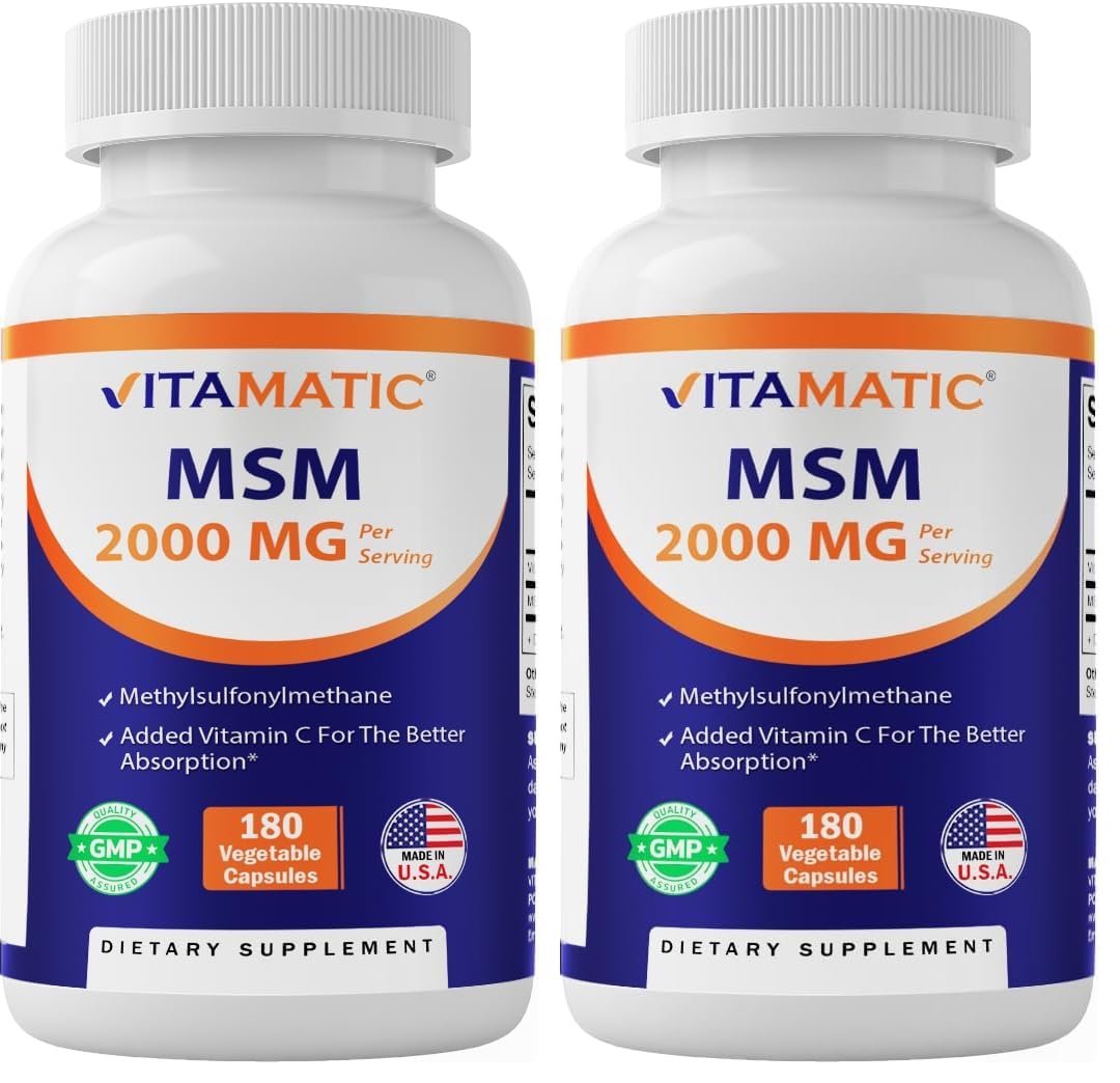 Vitamatic MSM 2000 mg with Vitamin C 75mg per Serving - 180 Veg Capsules - Vitamin C Aid in Better absopriton of MSM (Methylsulfonylmethane) - Non-GMO & Gluten Free (Pack of 2) 180 Count (Pack of 2)