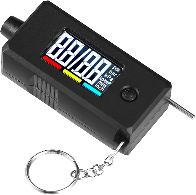 CZC AUTO Digital Tyre Pressure Gauge Tyre Tread Depth Gauge 2 in 1 Accurate Checker with Large Backlight LCD Display & Key Ring for Car Truck Bike Motorcycle, up to 100 PSI & 15mm