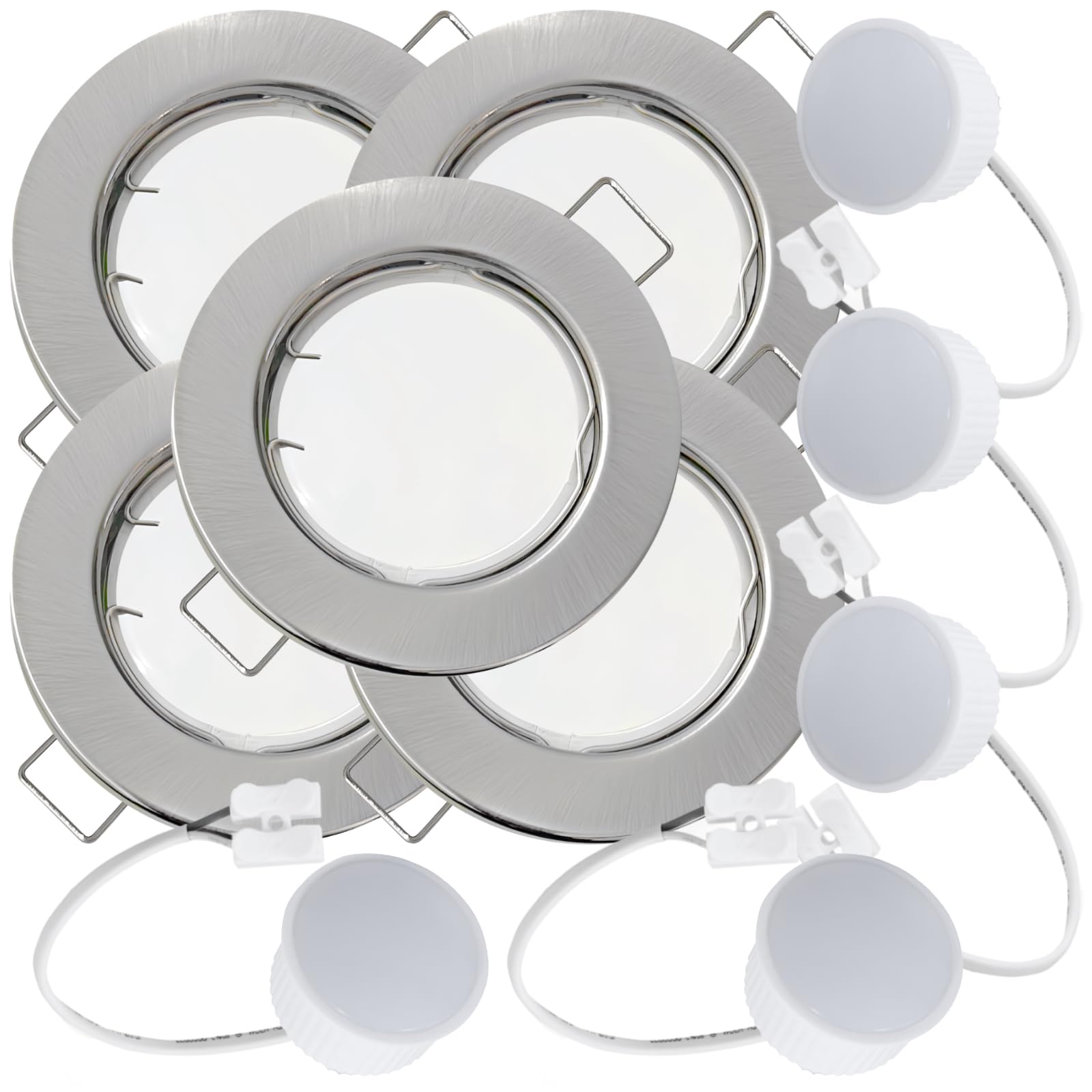 5 Stück flacher LED Einbaustrahler Lotta 230V 5W Step-Dimmbar Warmweiß 3000K | LED Modul mit Milchglas | IP20 | Farbe: Edelstahl gebürstet | Kompakte Einbauleuchte für Wohnbereich & Flur