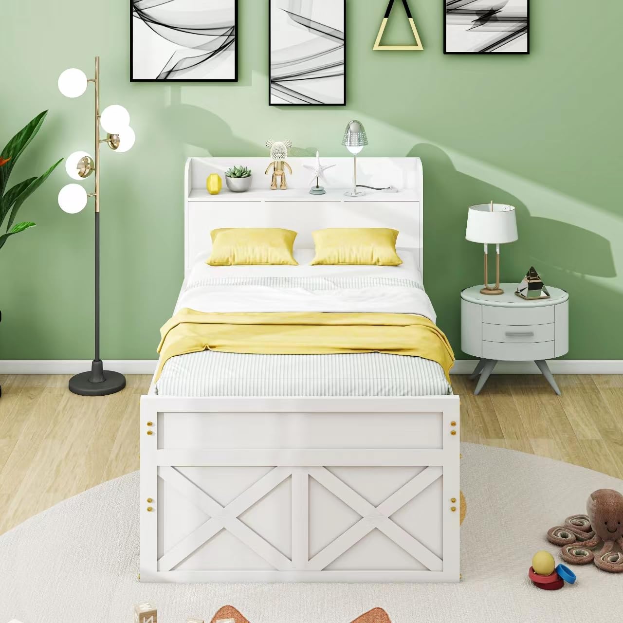 Einzelbett 90x190 mit USB & Schublade, Massivholz-Bett mit ausziehbarer Bett & Nachttisch, Bettgestell mit Lattenrost für Kinder Jugendliche Gäste, Weiß
