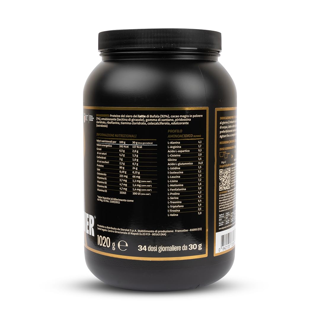 Buffalo Whey +80 Proteine in Polvere Concentrate Gusto Cioccolato 100% Italiane da Latte di Bufala, 24g di Proteine 5.5g BCAA Vitamine Gruppo B e D per supporto muscolare (34 dosi x 1020g)