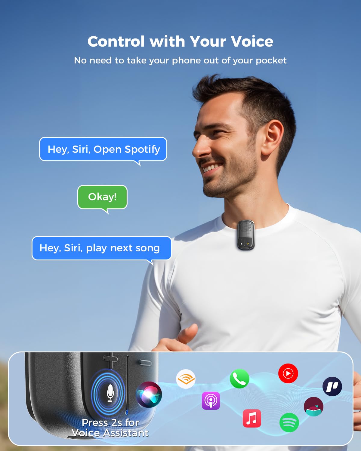 SUPERONE 2025 Upgrade Wearable Bluetooth Speaker with Voice Assistant & Mic, IPX7 Waterproof Clip-on Portable Speaker, TWS Pairing, Up to 30H of Play, Supports Siri/Google/Alexa