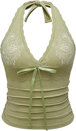 OYOANGLE Womens Y2k Halter Tops Floral Embroidery Going Out Top