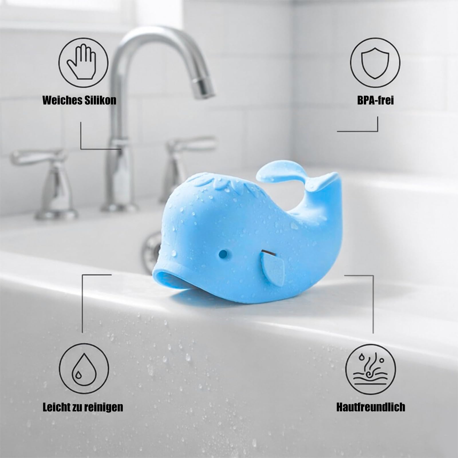 Allungamento rubinetto per bambini, a forma di balena per bambini, in silicone, protezione per rubinetto, per neonati, bambini e bambini, balena, blu