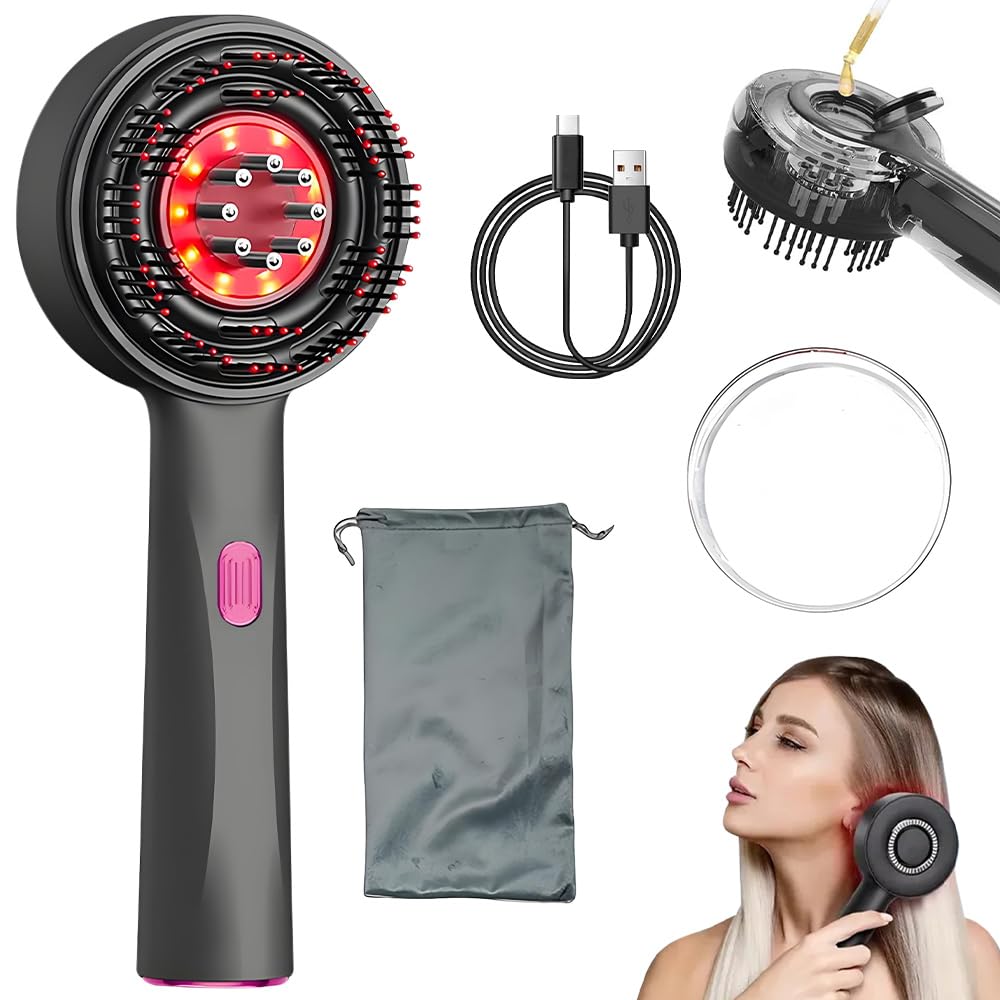 Cepillo de Masaje Eléctrico para Cuero Cabelludo, 3 en 1 Cepillo Masajeador de Cabello, Peine de Masaje Capilar con Luz Roja y Aplicador de Aceite 6ml, para Crecimiento Cabello