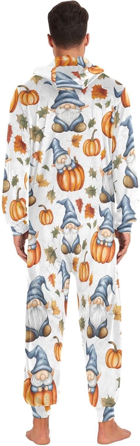 ZZKKO Blue Gnomes Orange Pumpkins Adult Onesie Pajamas for Women Men Cozy One Piece Pajamas Costume Zip-Up Hooded S-XL