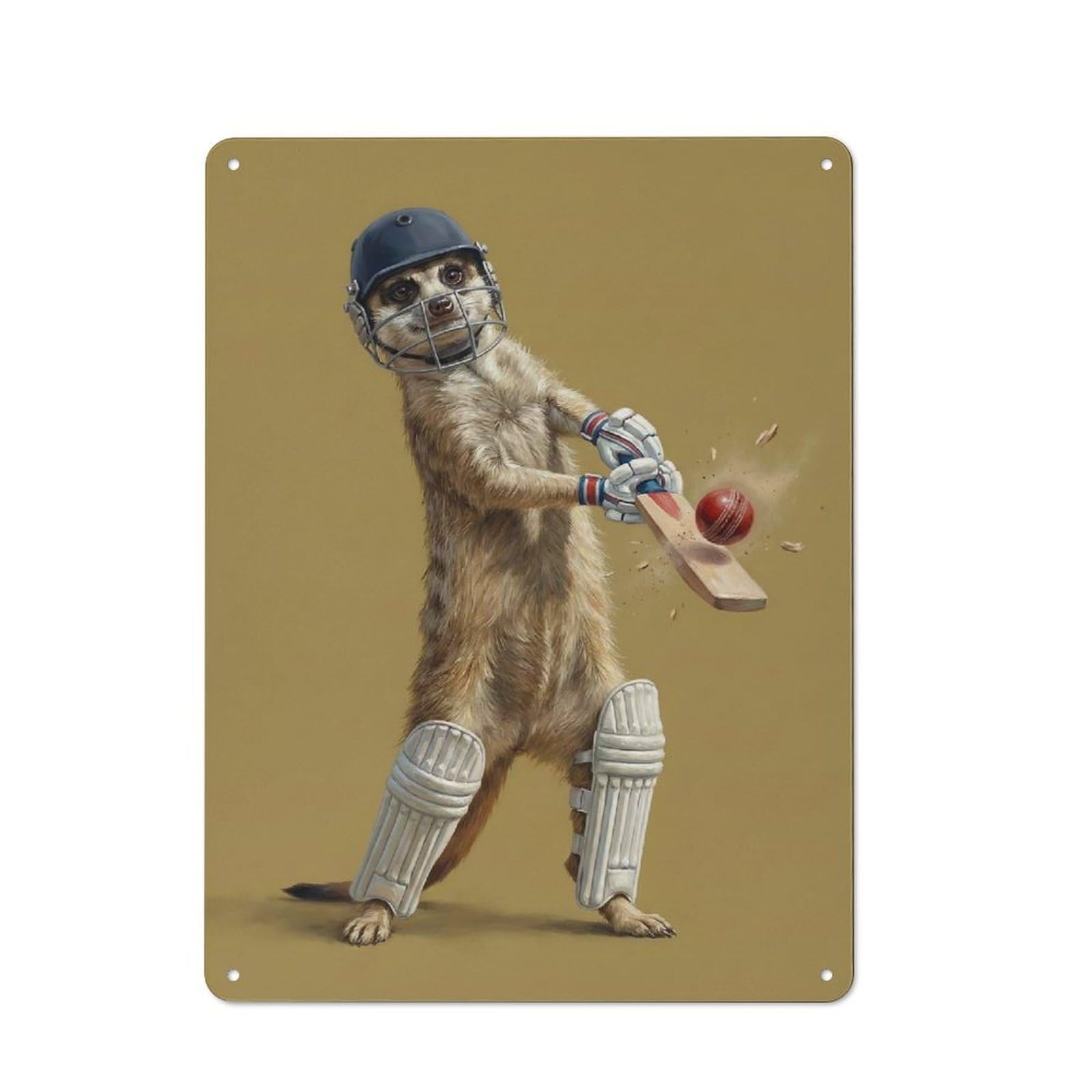 Junmoney Style-3 Old Style Meerkat Playing Cricket Metal Sign 40X30cm, Bar Wall Plaque For Diner, Restaurant, Shed Or Kitchen