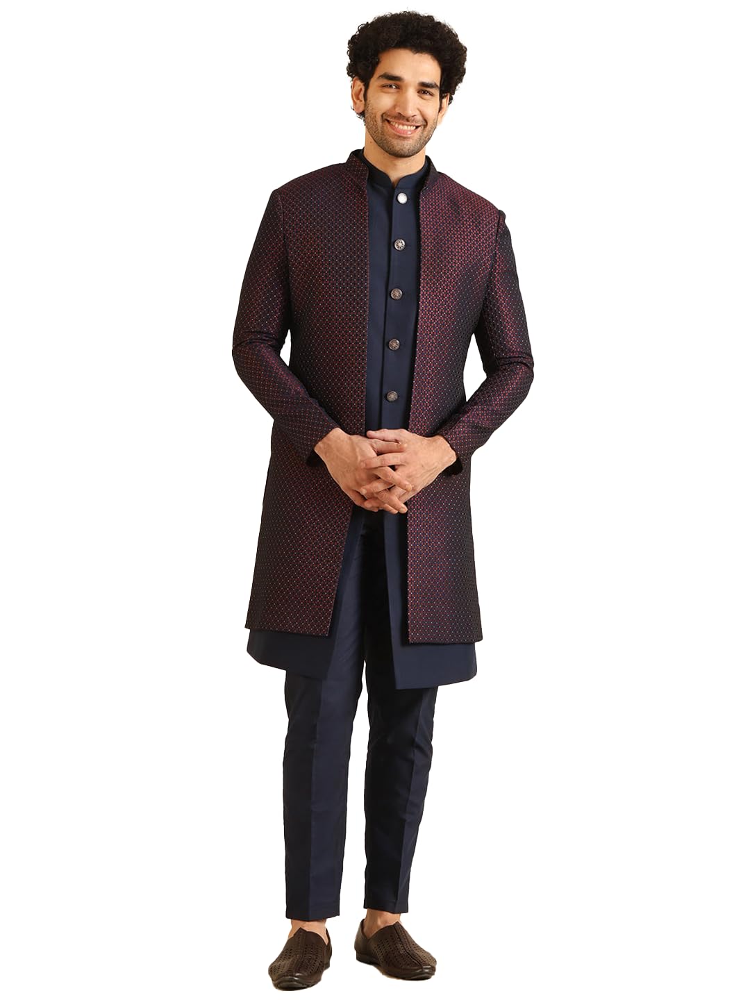 Kisah Jacket Sherwani Set For Men  Woven Design Jacquard Sherwani With Trouser | Ethnic & Formal Indian Outfit For Weddings, Celebrations & Parties, Wine, 42