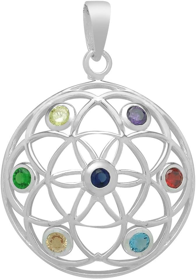Flower of Life Pendant 925 Silver with 7 Chakra Stones