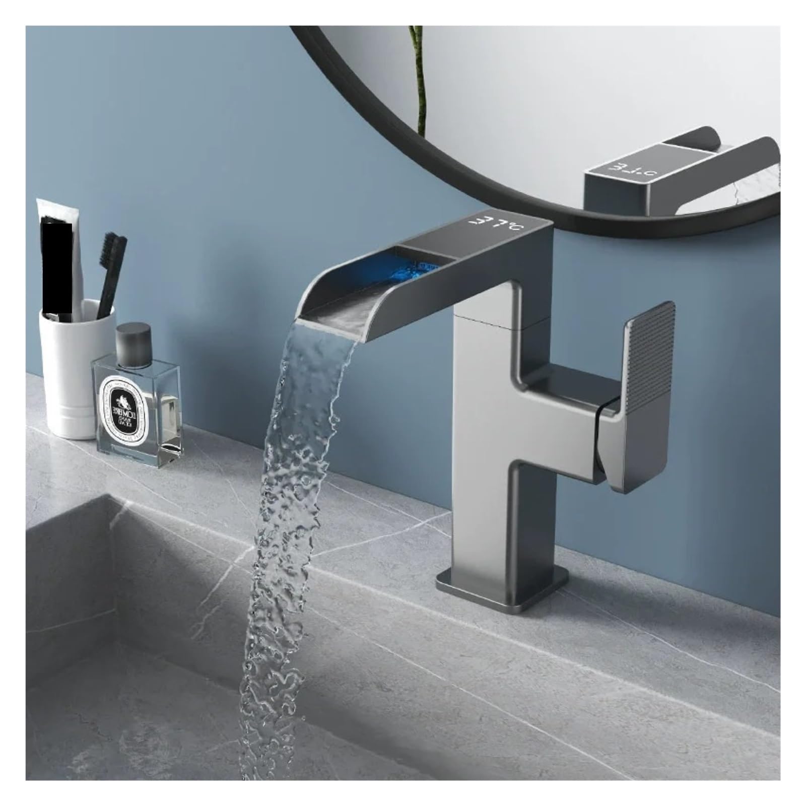 Grifo de baño, Grifo de baño en cascada, grifo monomando para lavabo SUS 304 gris con pantalla LED, frío y caliente(Grey)