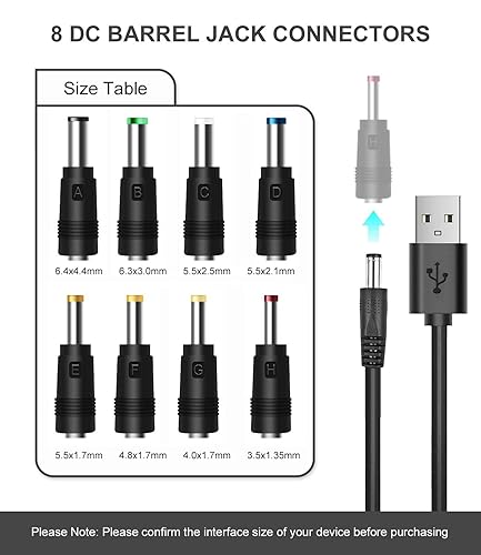 Miniatura 2 de Cable de alimentación de 5 V CC, cable de carga USB a CC de 0.217 x 0.083 in con 8 conectores adaptadores para altavoz, enrutador, luz LED, lámpara