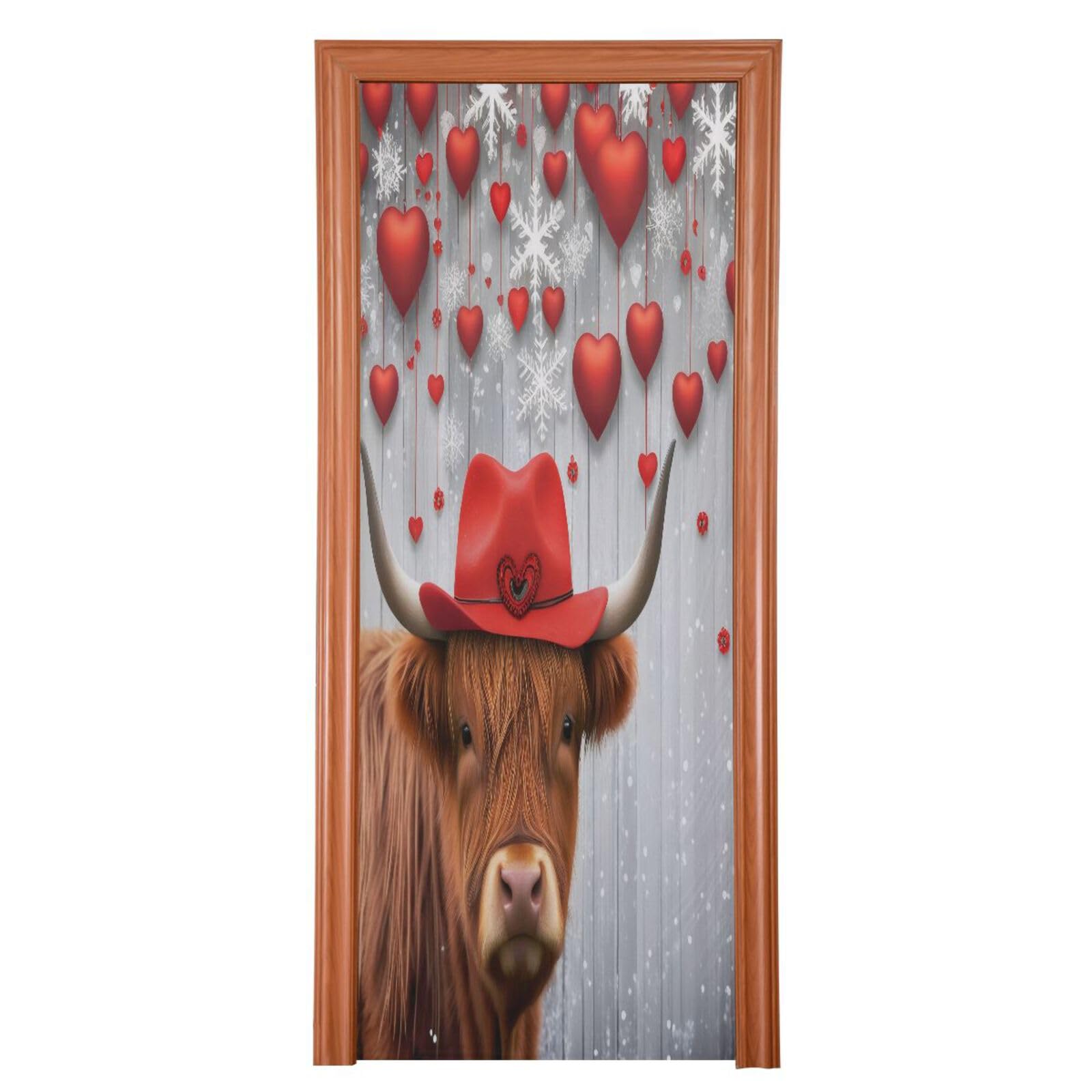 FLildon Highland Cow Hanging Hearts Valentine's Day Door Cover Decoration, Party Accessory Porch Decor for Festive Ornament Room Door Covers 32 x 79 Inch