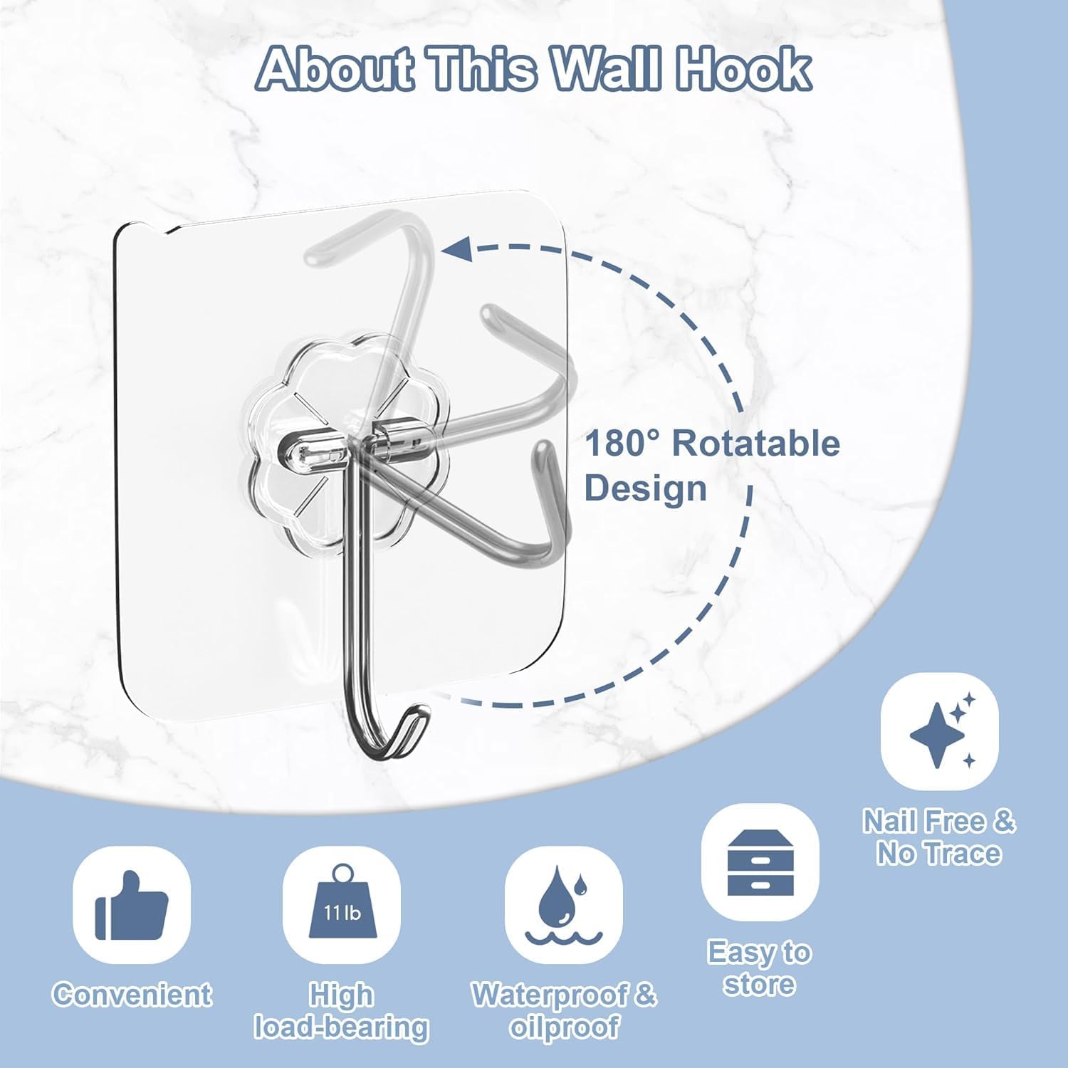 Ninth Five 30Pack Adhesive Hooks Set, Stainless Steel Clear Sticky Hooks, Heavy Duty Wall Hooks for Home Kitchen, Bathroom, Door, 20 Small 33lb & 10 Large 44lb Waterproof Utility Hooks