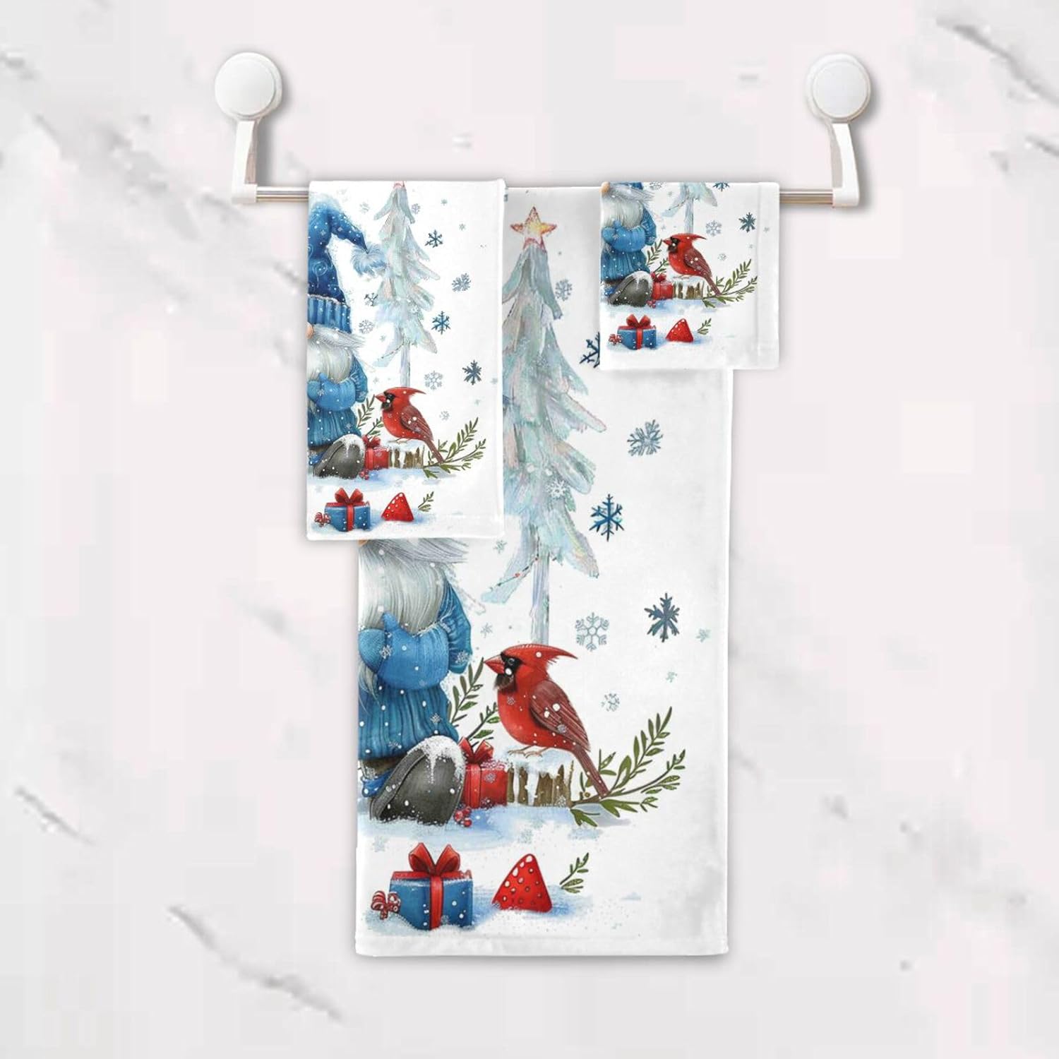 Dussdil Blue Winter Gnome Cardinals Bathroom Towel Set of 3 Pcs Snow Hand Fingertip Bath Towels for Home Bathroom Hotel Gym Swim Washcloth Soft Thin Durable Highly Absorbent Multipurpose Decor