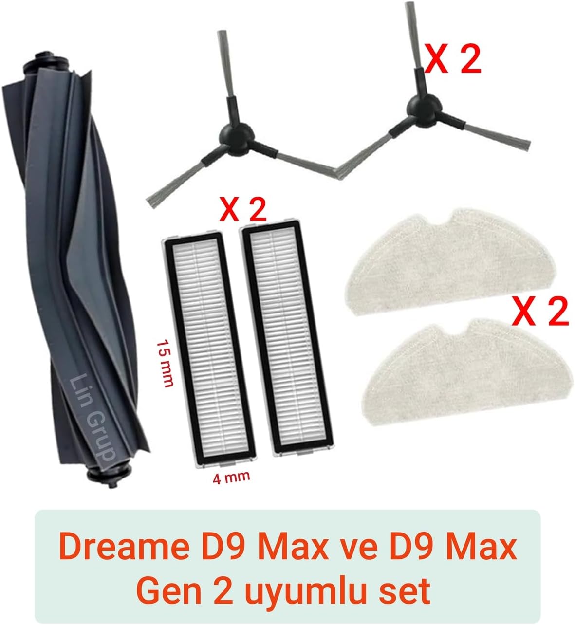 Dreame D9 Max ve D9 Max Gen 2 ile Uyumlu Yedek Parça Seti, 2 Fırça, 2 HEPA Filtre, 2 Bez Pedi