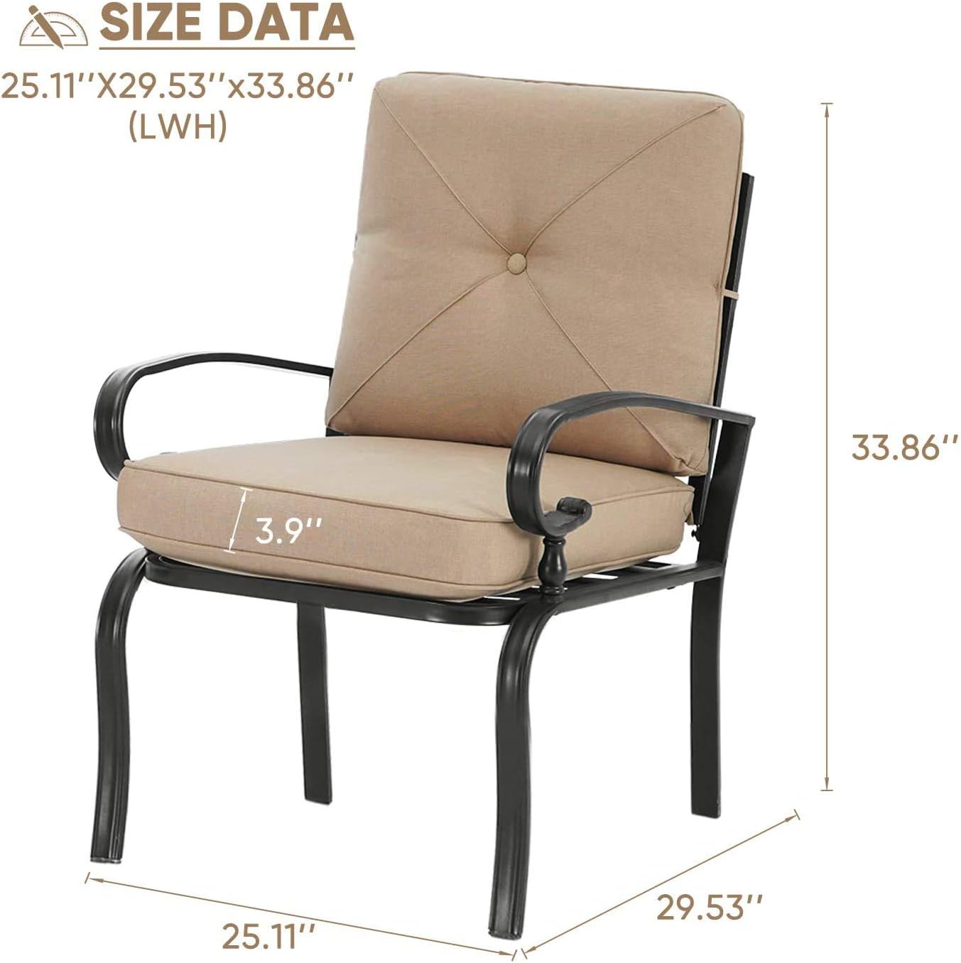 Crownland 2-Pack Patio Furniture Bistro Iron-Frame Dining Chairs, Thicken Cushion, Supports 250 lbs, Weather -Proof Garden Metal Seating Chair, Elegant for Outdoor & Indoor (Brown)
