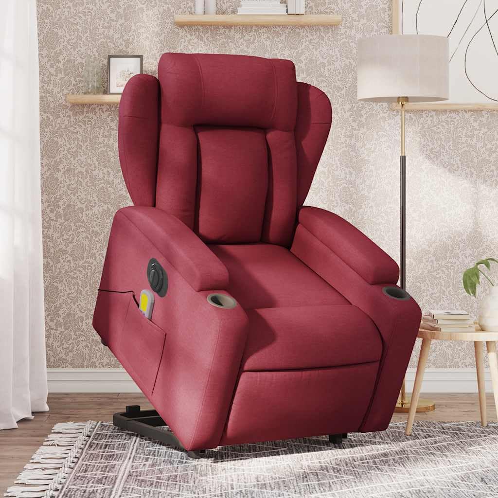Sillón elevador eléctrico reclinable con función de elevación y 6 puntos de vibración, tejido rojo vino, cómodo con portavasos y bolsillo, estructura