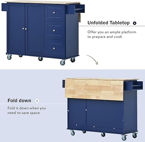 Miniatura 4 de LUMISOL Isla de cocina rodante con hoja caída, carrito de cocina móvil con ruedas con parte superior de madera maciza, estante para especias,