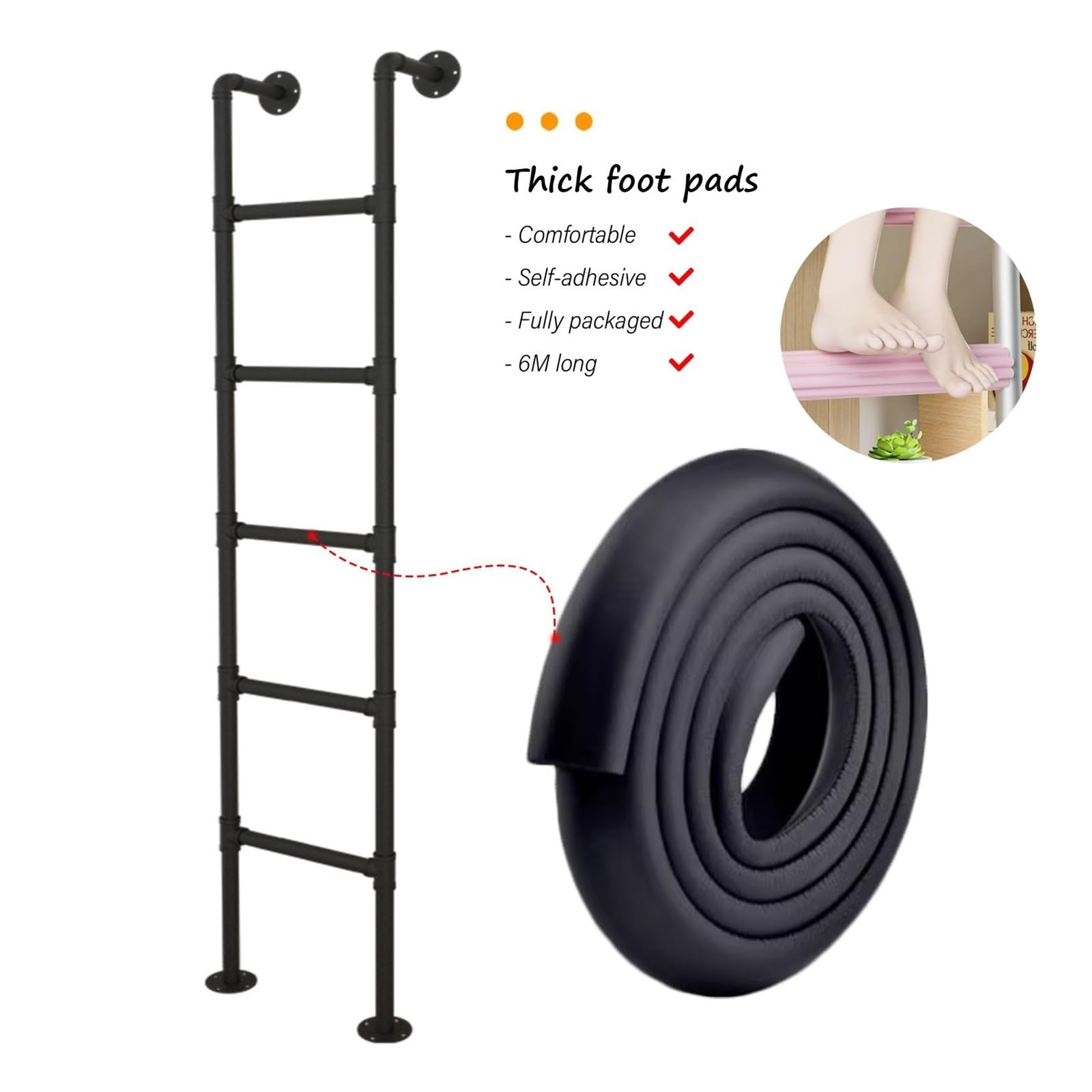 Escalera Tipo Loft de 7,6 7 6 5 4 pies para literas, Pozo de Ventana/escaleras de ático escaleras de Salida para Adultos niños Que suben y escapan, Escalera de Metal Negro con Almohadillas p