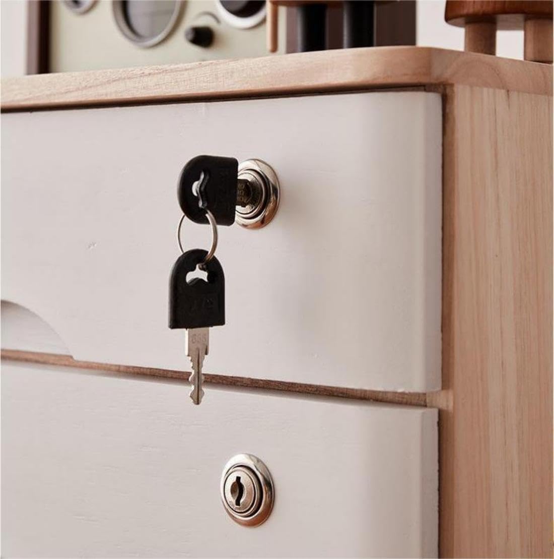 4 Tiers Wooden Desktop Storage Cabinet, Tabletop Storage Box with Lockable Drawers Lockable Filing Cabinet Countertop Desk Organizer for Office Study Bedroom